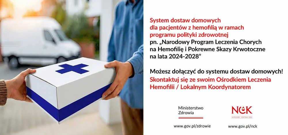 Grafika informacyjna dotycząca możliwości zgłoszenia dostaw domowych dla pacjentów z hemofilią